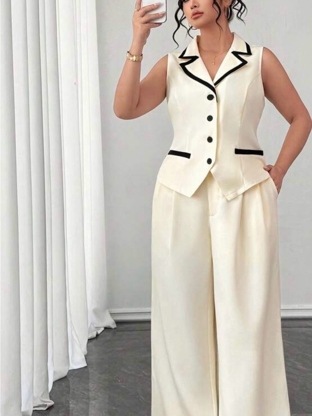 Cream Sleeveless Tailored Vest and Wide-Leg Pants Set